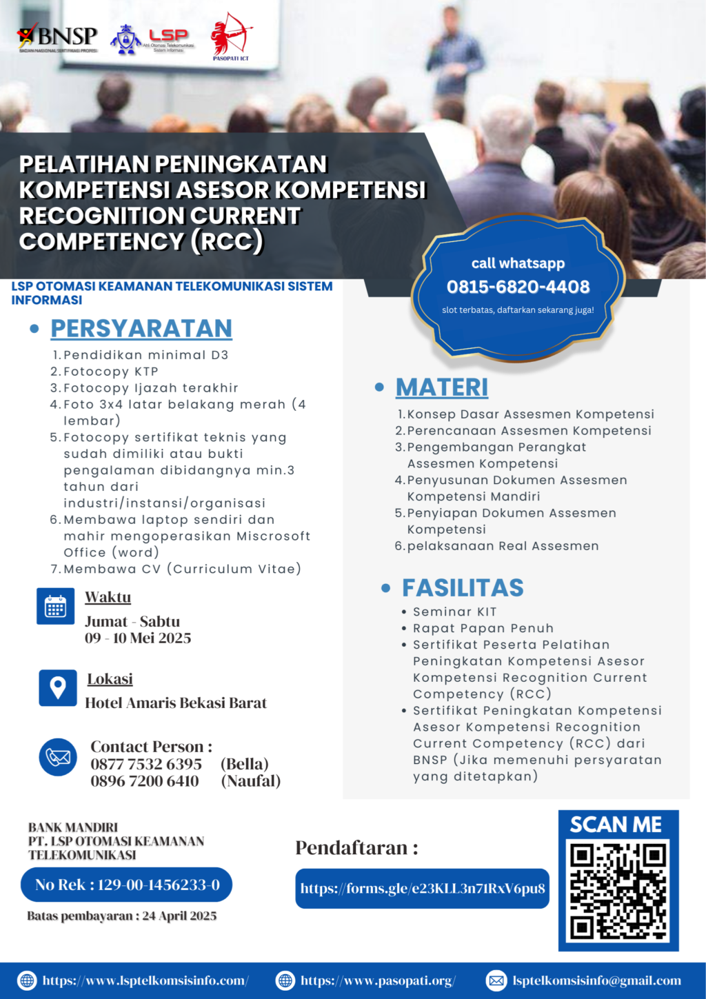 Pelatihan Peningkatan Kompetensi Asesor BNSP Kompetensi Recognition Current Competency (RRC) terdekat di Bekasi Barat 9-10 Mei 2025