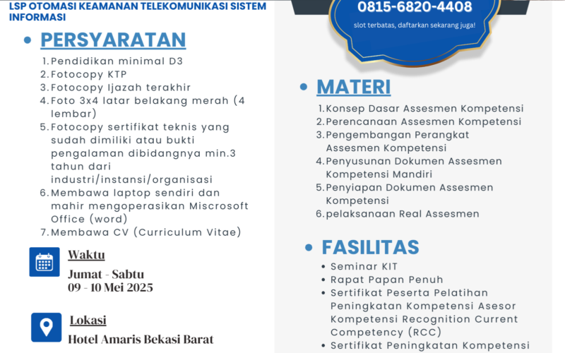 Pelatihan Peningkatan Kompetensi Asesor BNSP Kompetensi Recognition Current Competency (RRC) terdekat di Bekasi Barat 9-10 Mei 2025